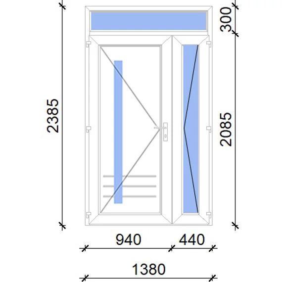 Műanyag bejárati ajtó aszimetrikusan nyíló felülvilágítóval 140x240 balos Daytona 1 üveges 5 kamrás fehér