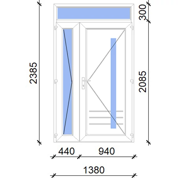 Műanyag bejárati ajtó aszimetrikusan nyíló felülvilágítóval 140x240 jobbos Daytona 1 üveges 5 kamrás fehér