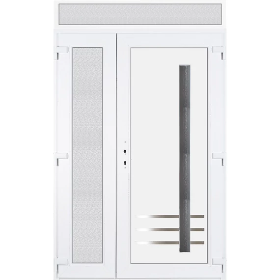 Műanyag bejárati ajtó aszimetrikusan nyíló felülvilágítóval 140x240 jobbos Daytona 1 üveges 5 kamrás fehér