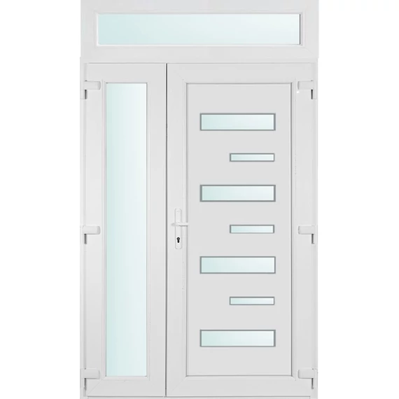 Műanyag bejárati ajtó 140x240 jobbos Georgia 7 üveges asszimetrikusan nyíló 2 rétegű üveggel és hőszigetelt panellel 5 kamrás fehér