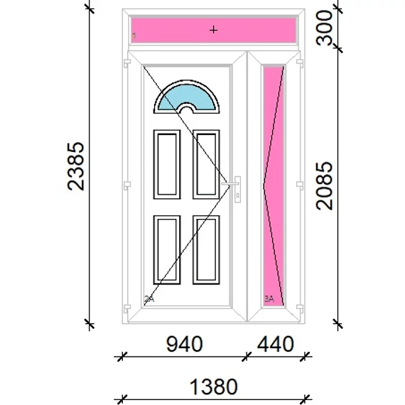 Műanyag bejárati ajtó 140x240 balos aszimmetrikusan nyíló Miami 1 üveges felülvilágítóval 5 kamrás fehér