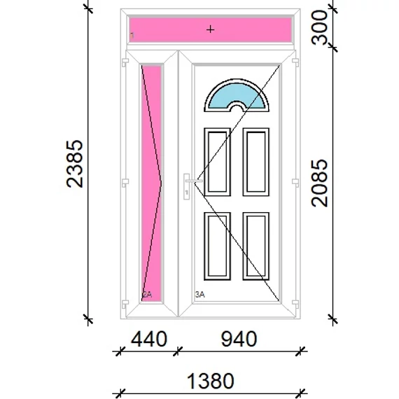 Műanyag bejárati ajtó 140x240 jobbos aszimmetrikusan nyíló Miami 1 üveges felülvilágítóval 5 kamrás fehér
