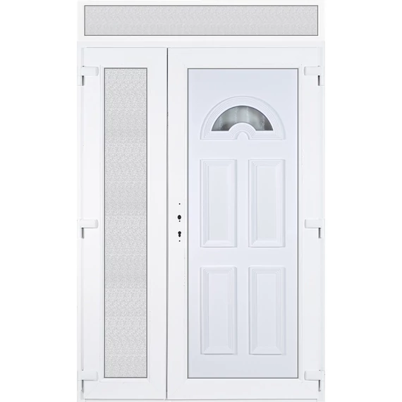 Műanyag bejárati ajtó 140x240 jobbos aszimmetrikusan nyíló Miami 1 üveges felülvilágítóval 5 kamrás fehér