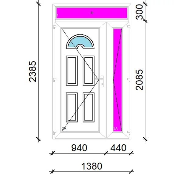 Műanyag bejárati ajtó 140x240 balos aszimmetrikusan nyíló Miami 1 üveges 3 rétegű üveggel extra vastag hőszigetelt panellal felülvilágítóval 5 kamrás fehér