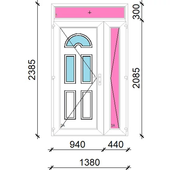 Műanyag bejárati ajtó 140x240 balos aszimmetrikusan nyíló Miami 3 üveges felülvilágítóval 5 kamrás fehér