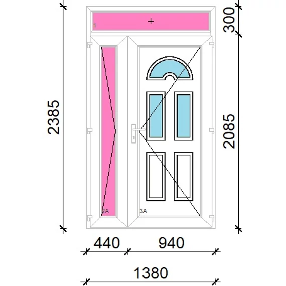Műanyag bejárati ajtó 140x240 jobbos aszimmetrikusan nyíló Miami 3 üveges felülvilágítóval 5 kamrás fehér