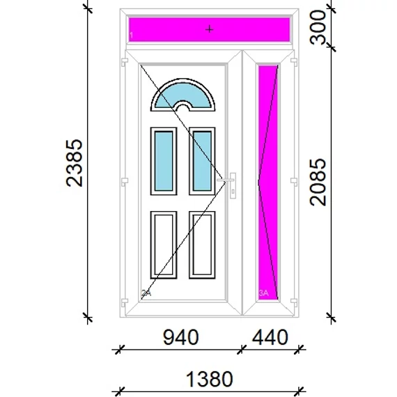 Műanyag bejárati ajtó 140x240 balos aszimmetrikusan nyíló Miami 3 üveges 3 rétegű üveggel extra vastag hőszigetelt panellal felülvilágítóval 5 kamrás fehér