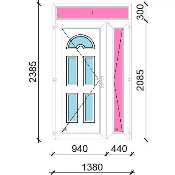 Műanyag bejárati ajtó 140x240 balos aszimmetrikusan nyíló Miami 5 üveges felülvilágítóval 5 kamrás fehér