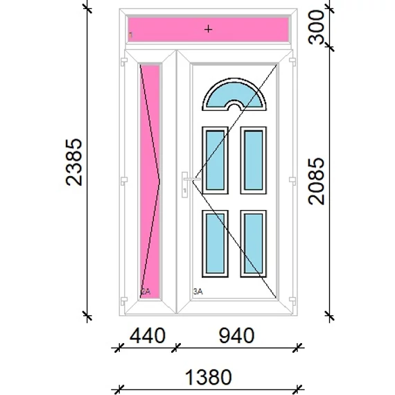 Műanyag bejárati ajtó 140x240 jobbos aszimmetrikusan nyíló Miami 5 üveges felülvilágítóval 5 kamrás fehér