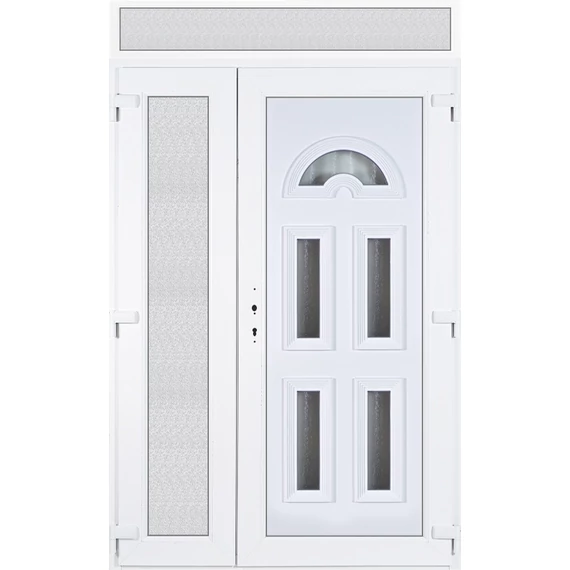 Műanyag bejárati ajtó 140x240 jobbos aszimmetrikusan nyíló Miami 5 üveges felülvilágítóval 5 kamrás fehér