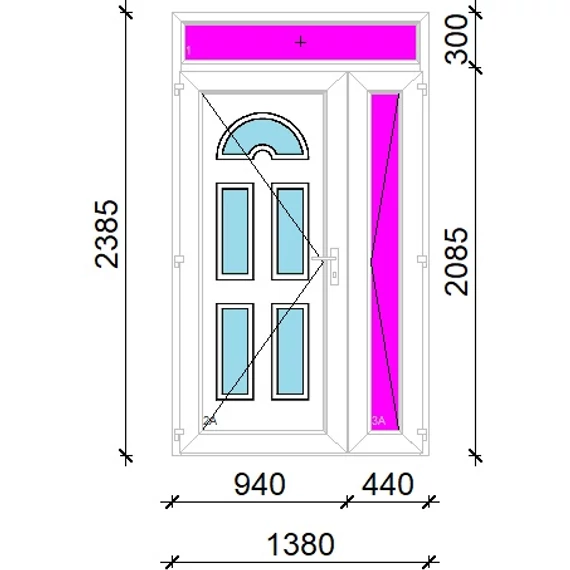 Műanyag bejárati ajtó 140x240 balos aszimmetrikusan nyíló Miami 5 üveges 3 rétegű üveggel extra vastag hőszigetelt panellal felülvilágítóval 5 kamrás fehér