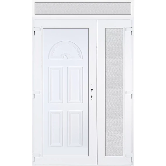 Műanyag bejárati ajtó 140x240 balos aszimmetrikusan nyíló Miami tömör felülvilágítóval 5 kamrás fehér
