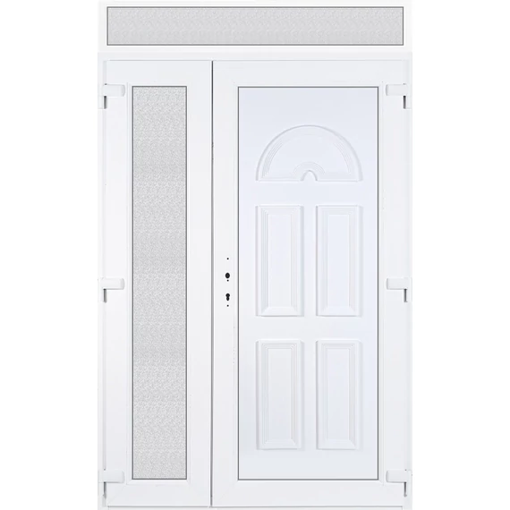 Műanyag bejárati ajtó 140x240 jobbos aszimmetrikusan nyíló Miami tömör felülvilágítóval 5 kamrás fehér