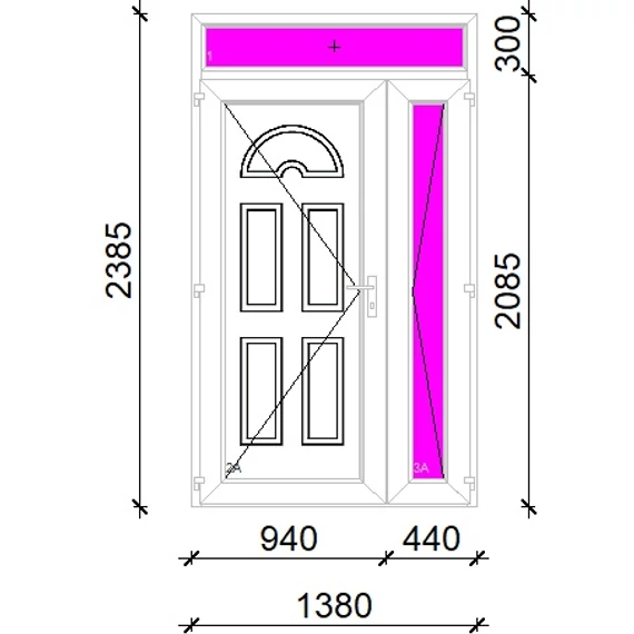 Műanyag bejárati ajtó 140x240 balos aszimmetrikusan nyíló Miami tömör extra vastag hőszigetelt panellal felülvilágítóval 5 kamrás fehér