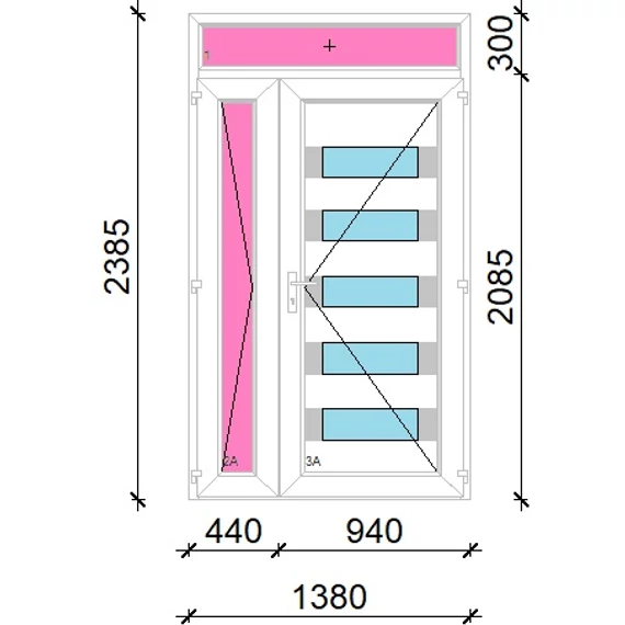 Műanyag bejárati ajtó 140x240 jobbos aszimmetrikusan nyíló Sarasota 5 üveges Aluminium rátétes felülvilágítóval 5 kamrás fehér