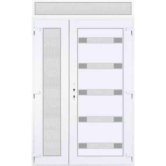 Műanyag bejárati ajtó 140x240 jobbos aszimmetrikusan nyíló Sarasota 5 üveges Aluminium rátétes felülvilágítóval 5 kamrás fehér