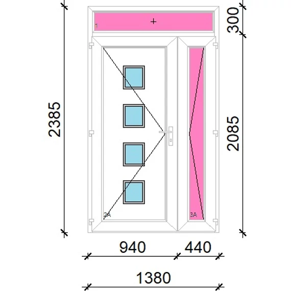 Műanyag bejárati ajtó 140x240 balos aszimmetrikusan nyíló Tampa 4 üveges felülvilágítóval 5 kamrás fehér
