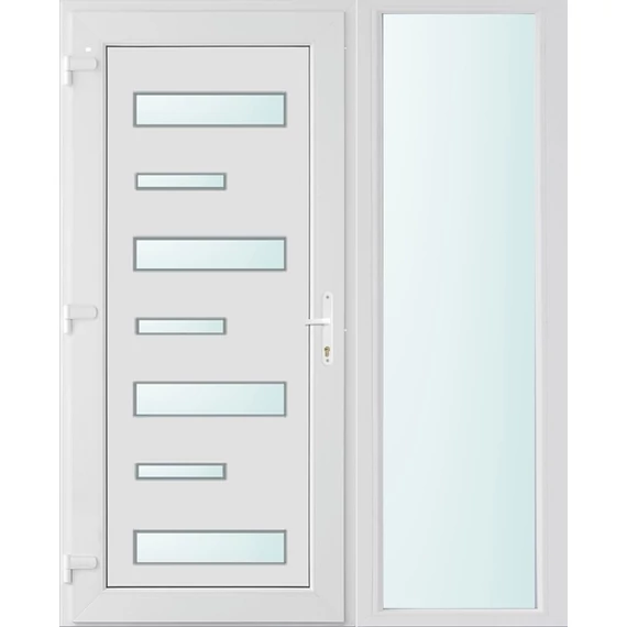 Műanyag bejárati ajtó 150x210 balos Georgia 7 üveges 3 rétegű üveggel extra vastag hőszigetelt panellal oldalvilágítóval 5 kamrás fehér