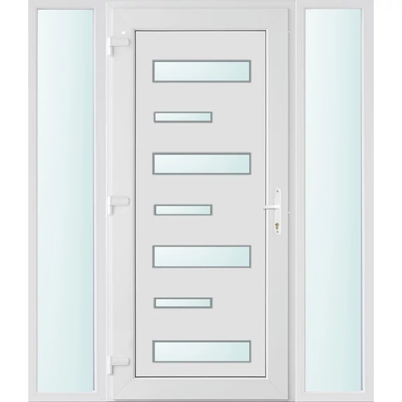 Műanyag bejárati ajtó 160x210 balos Georgia 7 üveges 3 rétegű üveggel extra vastag hőszigetelt panellal oldalvilágítóval 5 kamrás fehér