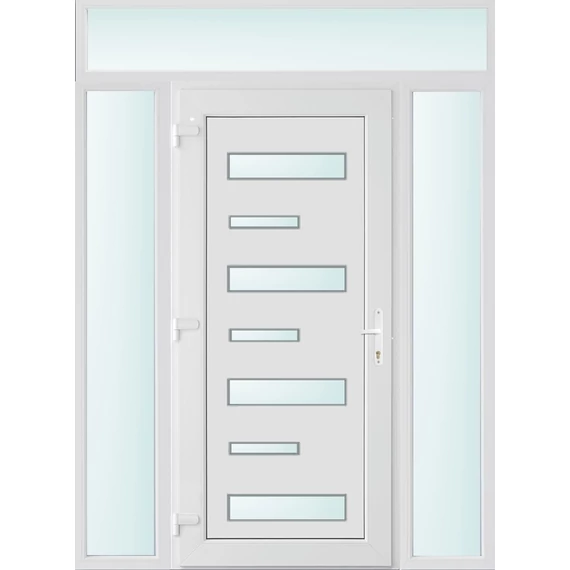 Műanyag bejárati ajtó 160x240 balos Georgia 7 üveges 3 rétegű üveggel extra vastag hőszigetelt panellal felül+oldalvilágítóval 5 kamrás fehér