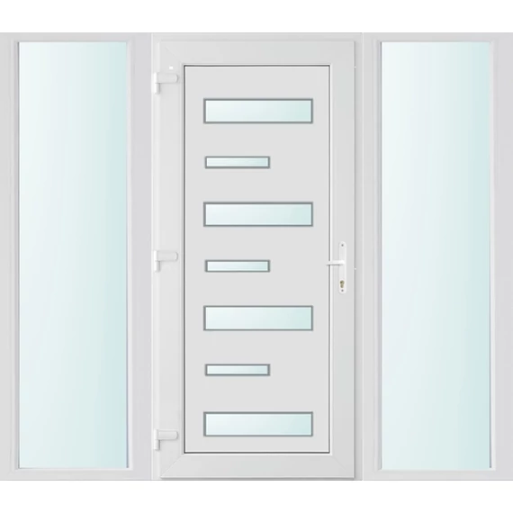 Műanyag bejárati ajtó 200x210 balos Georgia 7 üveges 3 rétegű üveggel extra vastag hőszigetelt panellal oldalvilágítóval 5 kamrás fehér