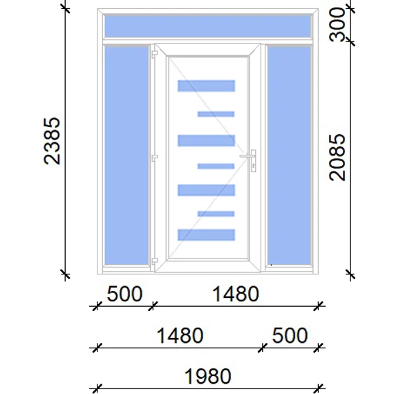 Műanyag bejárati ajtó 200x240 balos Alberta 7 üveges 3 rétegű üveggel extra vastag hőszigetelt panellal felül+oldalvilágítóval 5 kamrás fehér