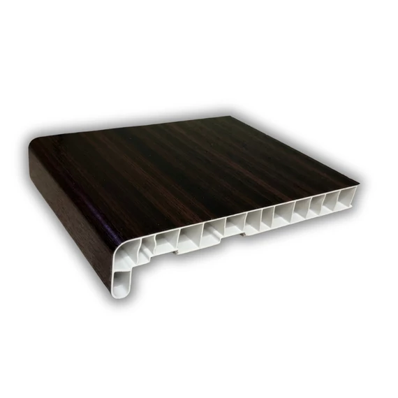 Mahagóni fóliázott műanyag párkány 150 cm hosszú 15 cm mély vizorral együtt kamrás szerkezetű csak belső használatra ren 9.2097013-116700/2097013-116700