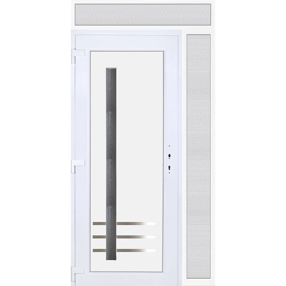 Műanyag bejárati ajtó 130x240 balos Daytona 1 üveges 3 rétegű üveggel extra vastag hőszigetelt panellal felül+oldalvilágítóval 5 kamrás fehér