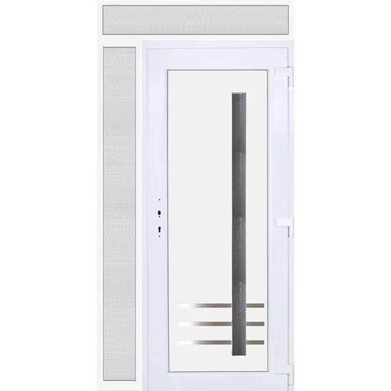 Műanyag bejárati ajtó 130x240 jobbos Daytona 1 üveges 3 rétegű üveggel extra vastag hőszigetelt panellal felül+oldalvilágítóval 5 kamrás fehér