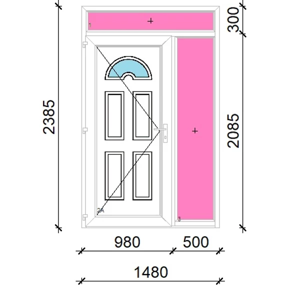 Műanyag bejárati ajtó 150x240 balos Miami 1 üveges felül+oldalvilágítóval 5 kamrás fehér