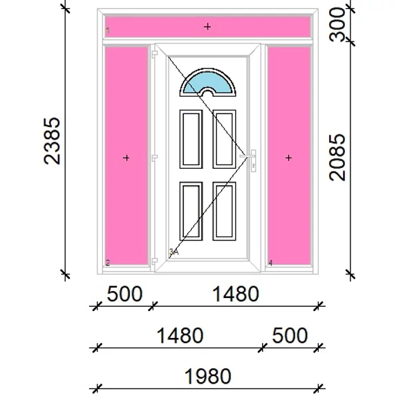 Műanyag bejárati ajtó 200x240 balos Miami 1 üveges felül+oldalvilágítóval 5 kamrás fehér