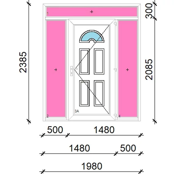 Műanyag bejárati ajtó 200x240 jobbos Miami 1 üveges felül+oldalvilágítóval 5 kamrás fehér