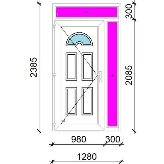 Műanyag bejárati ajtó 130x240 balos Miami 1 üveges 3 rétegű üveggel extra vastag hőszigetelt panellal felül+oldalvilágítóval 5 kamrás fehér