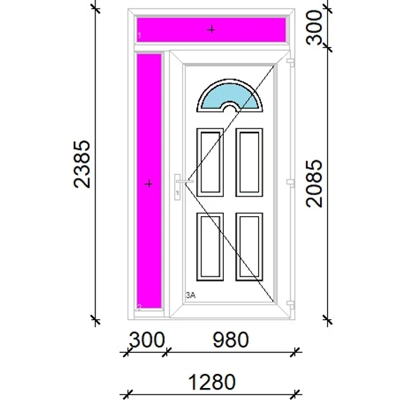 Műanyag bejárati ajtó 130x240 jobbos Miami 1 üveges 3 rétegű üveggel extra vastag hőszigetelt panellal felül+oldalvilágítóval 5 kamrás fehér