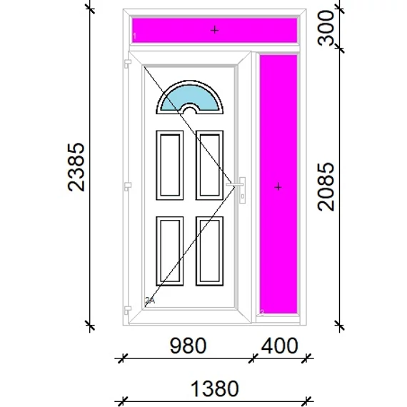 Műanyag bejárati ajtó 140x240 balos Miami 1 üveges 3 rétegű üveggel extra vastag hőszigetelt panellal felül+oldalvilágítóval 5 kamrás fehér