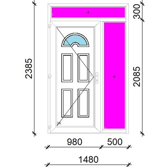 Műanyag bejárati ajtó 150x240 balos Miami 1 üveges 3 rétegű üveggel extra vastag hőszigetelt panellal felül+oldalvilágítóval 5 kamrás fehér