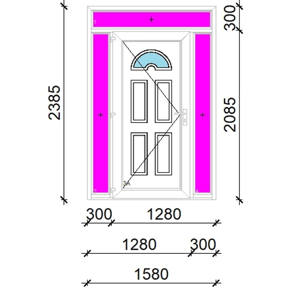 Műanyag bejárati ajtó 160x240 balos Miami 1 üveges 3 rétegű üveggel extra vastag hőszigetelt panellal felül+oldalvilágítóval 5 kamrás fehér