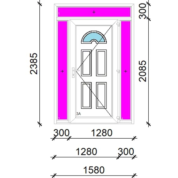Műanyag bejárati ajtó 160x240 jobbos Miami 1 üveges 3 rétegű üveggel extra vastag hőszigetelt panellal felül+oldalvilágítóval 5 kamrás fehér