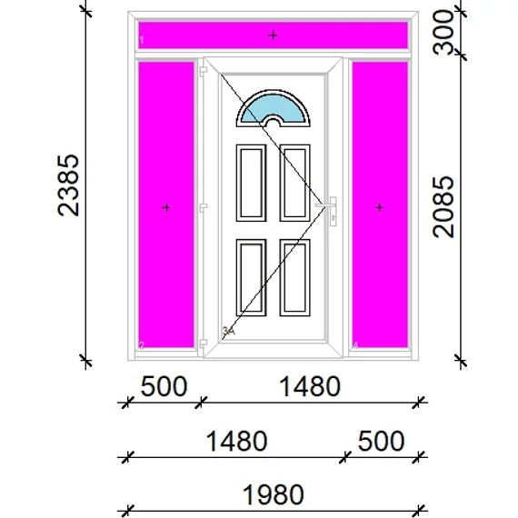 Műanyag bejárati ajtó 200x240 balos Miami 1 üveges 3 rétegű üveggel extra vastag hőszigetelt panellal felül+oldalvilágítóval 5 kamrás fehér