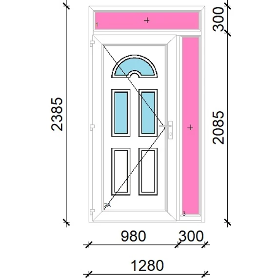 Műanyag bejárati ajtó 130x240 balos Miami 3 üveges felül+oldalvilágítóval 5 kamrás fehér