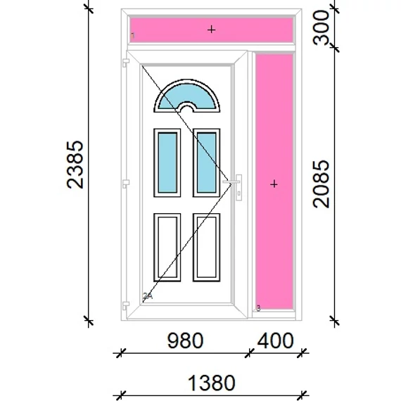 Műanyag bejárati ajtó 140x240 balos Miami 3 üveges felül+oldalvilágítóval 5 kamrás fehér