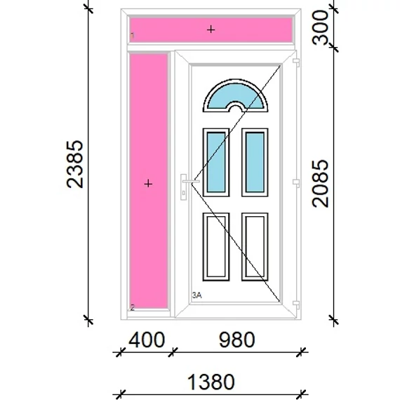 Műanyag bejárati ajtó 140x240 jobbos Miami 3 üveges felül+oldalvilágítóval 5 kamrás fehér