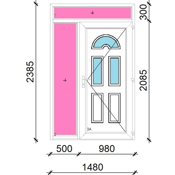 Műanyag bejárati ajtó 150x240 jobbos Miami 3 üveges felül+oldalvilágítóval 5 kamrás fehér
