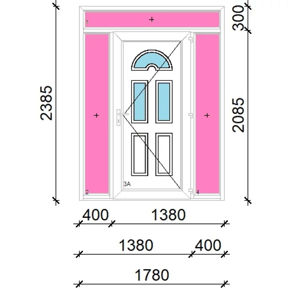 Műanyag bejárati ajtó 180x240 jobbos Miami 3 üveges felül+oldalvilágítóval 5 kamrás fehér