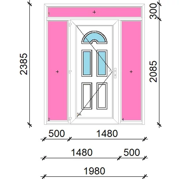 Műanyag bejárati ajtó 200x240 balos Miami 3 üveges felül+oldalvilágítóval 5 kamrás fehér