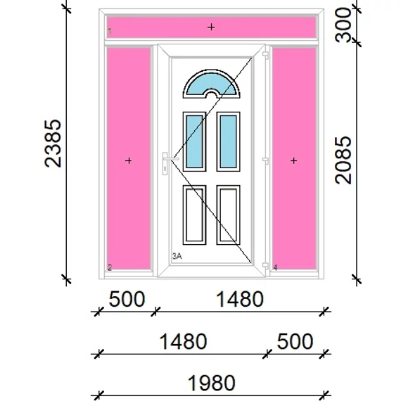 Műanyag bejárati ajtó 200x240 jobbos Miami 3 üveges felül+oldalvilágítóval 5 kamrás fehér