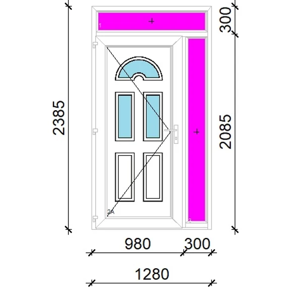 Műanyag bejárati ajtó 130x240 balos Miami 3 üveges 3 rétegű üveggel extra vastag hőszigetelt panellal felül+oldalvilágítóval 5 kamrás fehér