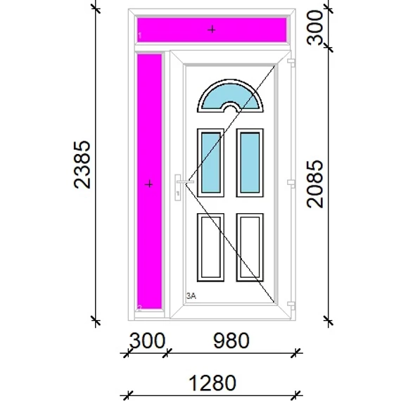 Műanyag bejárati ajtó 130x240 jobbos Miami 3 üveges 3 rétegű üveggel extra vastag hőszigetelt panellal felül+oldalvilágítóval 5 kamrás fehér