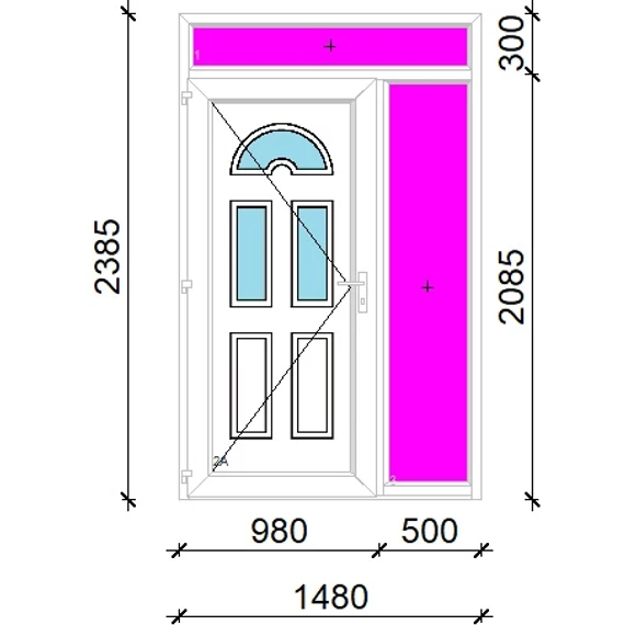 Műanyag bejárati ajtó 150x240 balos Miami 3 üveges 3 rétegű üveggel extra vastag hőszigetelt panellal felül+oldalvilágítóval 5 kamrás fehér