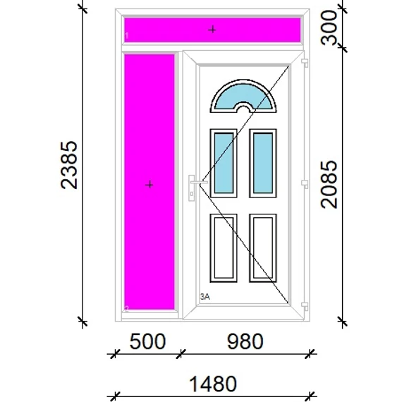 Műanyag bejárati ajtó 150x240 jobbos Miami 3 üveges 3 rétegű üveggel extra vastag hőszigetelt panellal felül+oldalvilágítóval 5 kamrás fehér